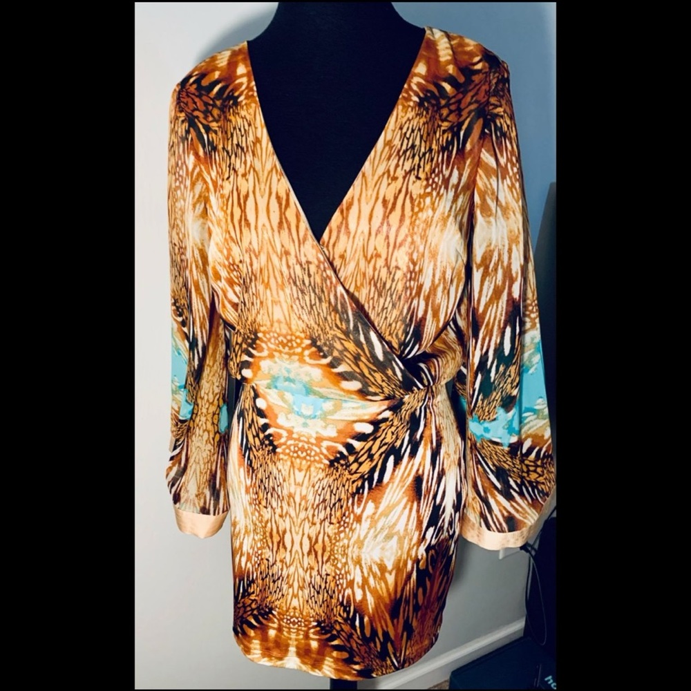 Bebe Brown, Tan Turquiose Sheer Bell Sleeves Deep V Dress NWT